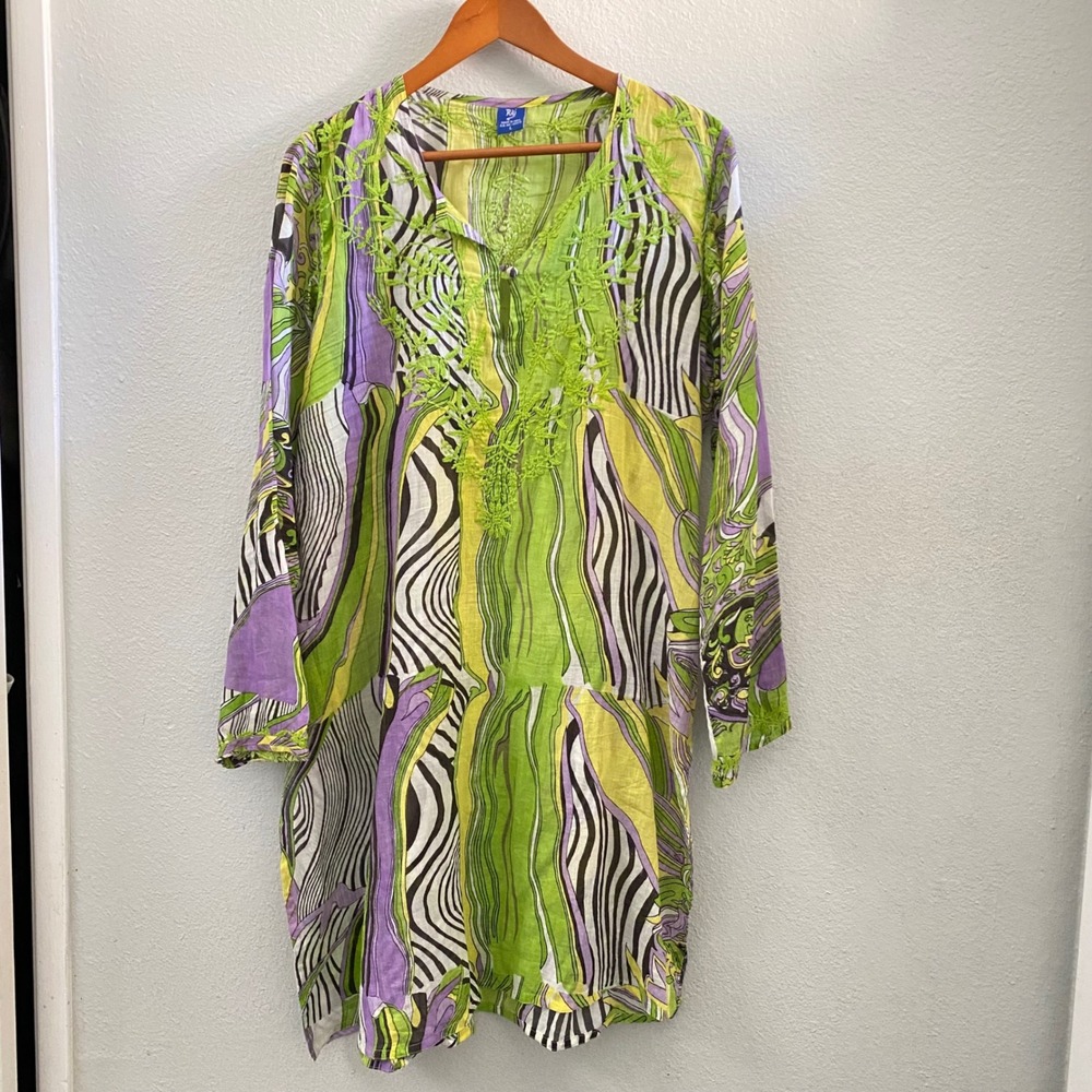 Raj 100% Silk Tunic Top Beach Cover-up Green Purple Abstract Embroidered Boho